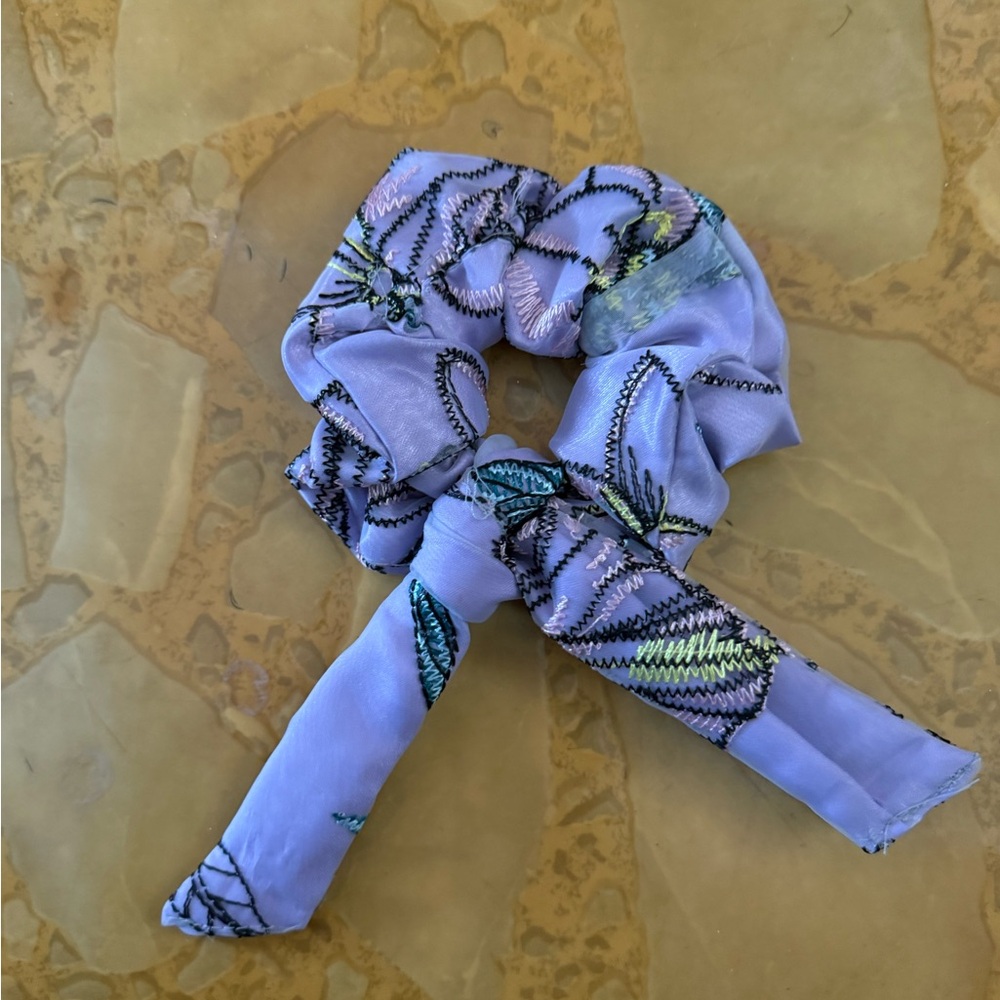 Handmade Floral Lavender Scrunchie with Bow - Women's Hair Accessory - Picture 2 of 2